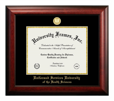 Uniformed Services University of the Health Sciences Diploma Frame in Satin Mahogany with Black & Gold Mats for document: 8 1/2"h x 11"w  