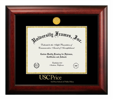 University of Southern California Sol Price School of Public Policy Diploma Frame in Satin Mahogany with Black & Gold Mats for document: 8 1/2"h x 11"w  