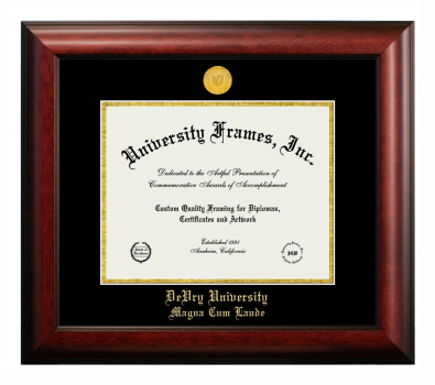 DeVry University Magna Cum Laude Diploma Frame in Satin Mahogany with Black & Gold Mats for document: 8 1/2"h x 11"w  