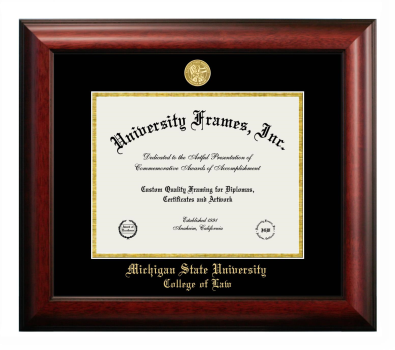 Michigan State University College of Law Diploma Frame in Satin Mahogany with Black & Gold Mats for document: 8 1/2"h x 11"w  