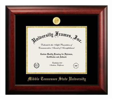 Middle Tennessee State University Diploma Frame in Satin Mahogany with Black & Gold Mats for document: 8 1/2"h x 11"w  