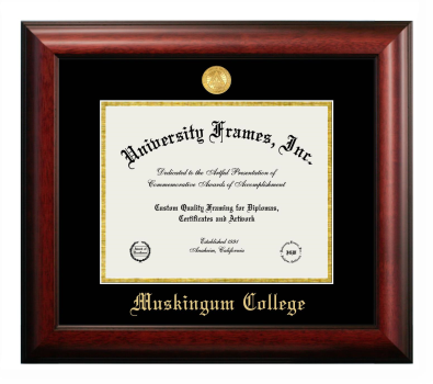 Muskingum College Diploma Frame in Satin Mahogany with Black & Gold Mats for document: 8 1/2"h x 11"w  