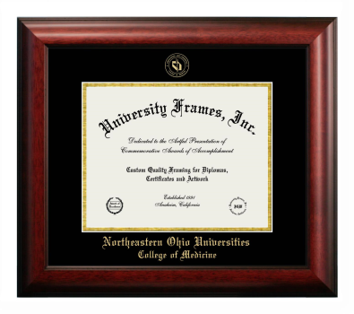 Northeastern Ohio Universities College of Medicine Diploma Frame in Satin Mahogany with Black & Gold Mats for document: 8 1/2"h x 11"w  