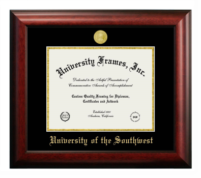 University of the Southwest Diploma Frame in Satin Mahogany with Black & Gold Mats for document: 8 1/2"h x 11"w  