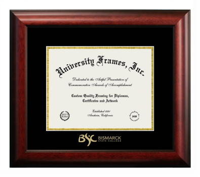 Bismarck State College Diploma Frame in Satin Mahogany with Black & Gold Mats for document: 8 1/2"h x 11"w  