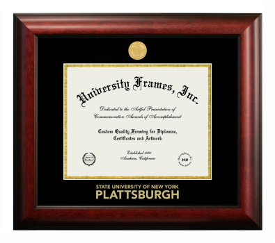 Plattsburgh State University (SUNY Plattsburgh) Diploma Frame in Satin Mahogany with Black & Gold Mats for document: 8 1/2"h x 11"w  