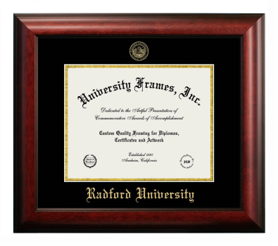 Radford University Diploma Frame in Satin Mahogany with Black & Gold Mats for document: 8 1/2"h x 11"w  