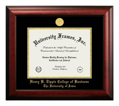 Henry B. Tippie College of Business University of Iowa Diploma Frame in Satin Mahogany with Black & Gold Mats for document: 8 1/2"h x 11"w  