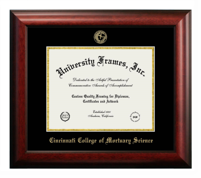 Cincinnati College of Mortuary Science Diploma Frame in Satin Mahogany with Black & Gold Mats for document: 8 1/2"h x 11"w  