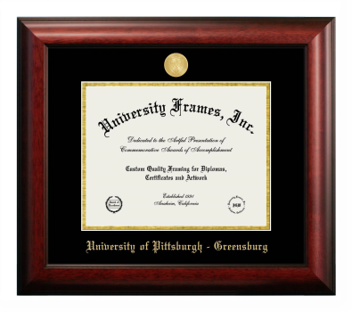 University of Pittsburgh - Greensburg Diploma Frame in Satin Mahogany with Black & Gold Mats for document: 8 1/2"h x 11"w  