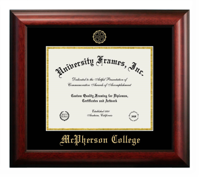 McPherson College Diploma Frame in Satin Mahogany with Black & Gold Mats for document: 8 1/2"h x 11"w  