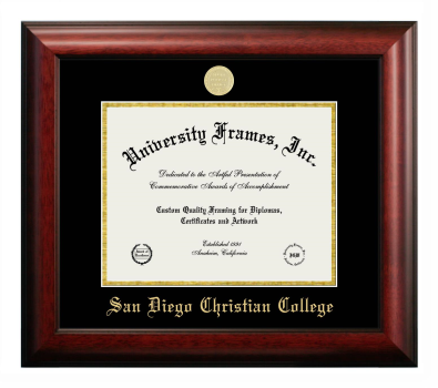 San Diego Christian College Diploma Frame in Satin Mahogany with Black & Gold Mats for document: 8 1/2"h x 11"w  