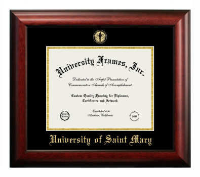 University of Saint Mary Diploma Frame in Satin Mahogany with Black & Gold Mats for document: 8 1/2"h x 11"w  
