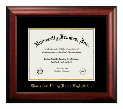 Missisquoi Valley Union High School Diploma Frame in Satin Mahogany with Black & Gold Mats for document: 8 1/2"h x 11"w  