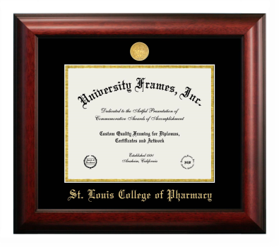 St. Louis College of Pharmacy Diploma Frame in Satin Mahogany with Black & Gold Mats for document: 8 1/2"h x 11"w  