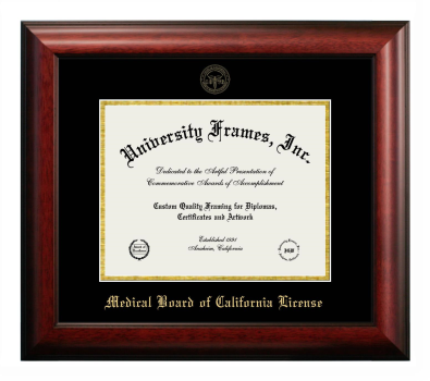 Medical Board of California License Diploma Frame in Satin Mahogany with Black & Gold Mats for document: 8 1/2"h x 11"w  