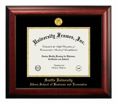 Seattle University Albers School of Business and Economics Diploma Frame in Satin Mahogany with Black & Gold Mats for document: 8 1/2"h x 11"w  