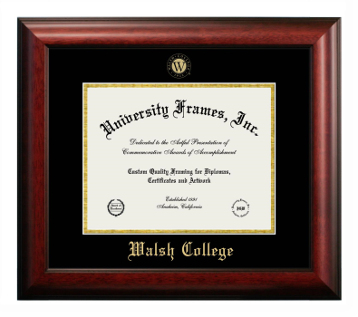 Walsh College Diploma Frame in Satin Mahogany with Black & Gold Mats for document: 8 1/2"h x 11"w  