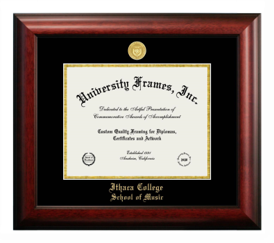 Ithaca College School of Music Diploma Frame in Satin Mahogany with Black & Gold Mats for document: 8 1/2"h x 11"w  