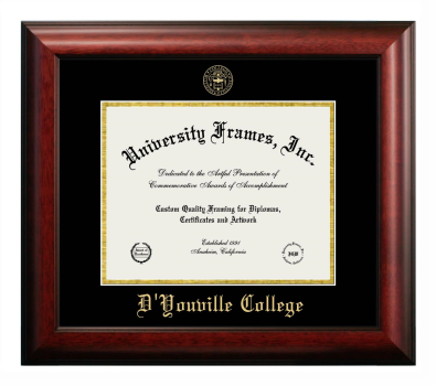 D'Youville College Diploma Frame in Satin Mahogany with Black & Gold Mats for document: 8 1/2"h x 11"w  