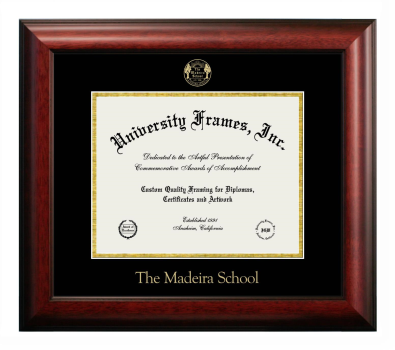Madeira School Diploma Frame in Satin Mahogany with Black & Gold Mats for document: 8 1/2"h x 11"w  