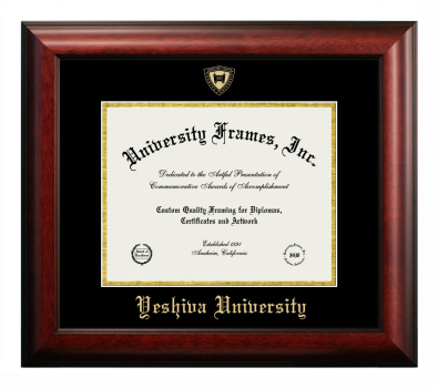 Yeshiva University Diploma Frame in Satin Mahogany with Black & Gold Mats for document: 8 1/2"h x 11"w  