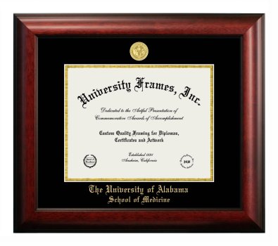 University of Alabama (Tuscaloosa) School of Medicine Diploma Frame in Satin Mahogany with Black & Gold Mats for document: 8 1/2"h x 11"w  
