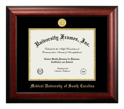 Medical University of South Carolina Diploma Frame in Satin Mahogany with Black & Gold Mats for document: 8 1/2"h x 11"w  