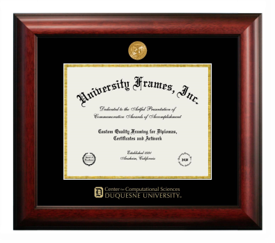 Duquesne University Center for Computational Sciences Diploma Frame in Satin Mahogany with Black & Gold Mats for document: 8 1/2"h x 11"w  