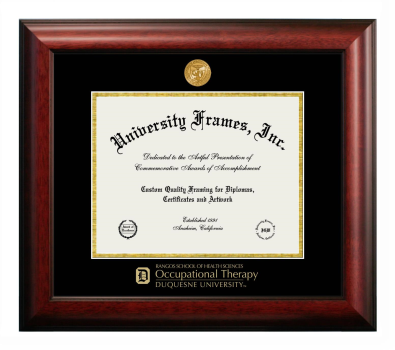 Duquesne University Rangos School of Health Sciences Occupational Therapy Diploma Frame in Satin Mahogany with Black & Gold Mats for document: 8 1/2"h x 11"w  