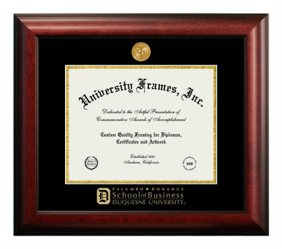Duquesne University Palumbo Donahue School of Business Diploma Frame in Satin Mahogany with Black & Gold Mats for document: 8 1/2"h x 11"w  