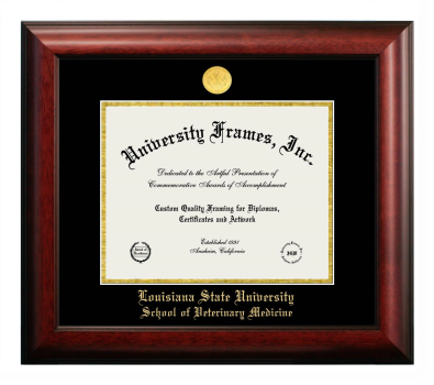 Louisiana State University School of Veterinary Medicine Diploma Frame in Satin Mahogany with Black & Gold Mats for document: 8 1/2"h x 11"w  