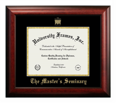 Master's Seminary Diploma Frame in Satin Mahogany with Black & Gold Mats for document: 8 1/2"h x 11"w  