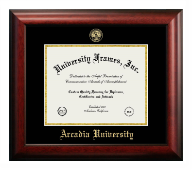 Arcadia University Diploma Frame in Satin Mahogany with Black & Gold Mats for document: 8 1/2"h x 11"w  