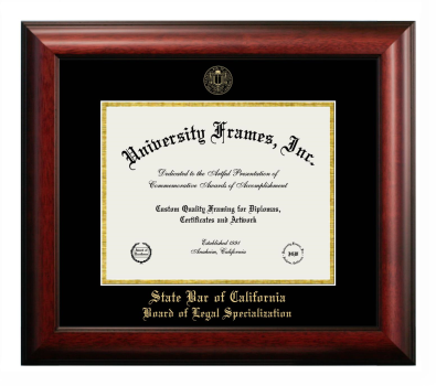 State Bar of California Board of Legal Specialization Diploma Frame in Satin Mahogany with Black & Gold Mats for document: 8 1/2"h x 11"w  