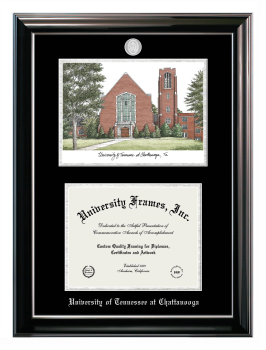University of Tennessee at Chattanooga Double Opening with Campus Image (Stacked) Frame in Classic Ebony with Silver Trim with Black & Silver Mats for document: 8 1/2"h x 11"w  