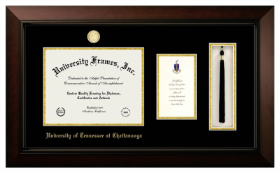 University of Tennessee at Chattanooga Diploma with Announcement & Tassel Box Frame in Legacy Black Cherry with Black & Gold Mats for document: 8 1/2"h x 11"w  , diploma: 7"h x 4"w  