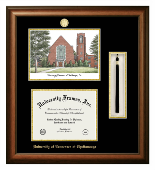University of Tennessee at Chattanooga Double Opening with Campus Image & Tassel Box (Stacked) Frame in Satin Walnut with Black & Gold Mats for document: 8 1/2"h x 11"w  