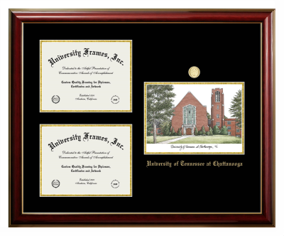 University of Tennessee at Chattanooga Triple Opening with Campus Image Frame in Classic Mahogany with Gold Trim with Black & Gold Mats for document: 8 1/2"h x 11"w  , document: 8 1/2"h x 11"w  
