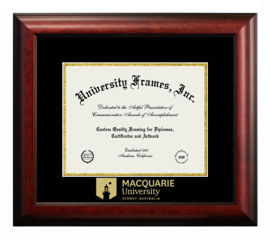 MACQUARIE University Diploma Frame in Satin Mahogany with Black & Gold Mats for document: 8 1/2"h x 11"w  