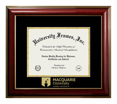 MACQUARIE University Diploma Frame in Classic Mahogany with Gold Trim with Black & Gold Mats for document: 8 1/2"h x 11"w  