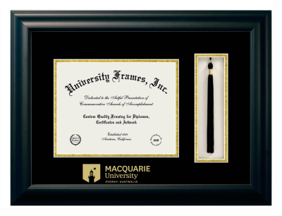 MACQUARIE University Diploma with Tassel Box Frame in Satin Black with Black & Gold Mats for document: 8 1/2"h x 11"w  