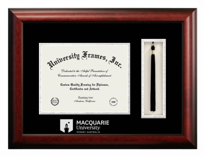 MACQUARIE University Diploma with Tassel Box Frame in Satin Mahogany with Black & Silver Mats for document: 8 1/2"h x 11"w  
