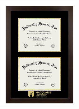 MACQUARIE University Double Diploma Frame in Manhattan Espresso with Black & Gold Mats for document: 8 1/2"h x 11"w  , document: 8 1/2"h x 11"w  