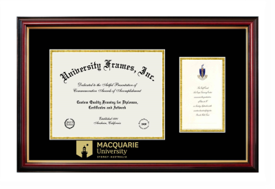 MACQUARIE University Diploma with Announcement Frame in Petite Mahogany with Gold Trim with Black & Gold Mats for document: 8 1/2"h x 11"w  , diploma: 7"h x 4"w  