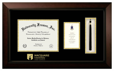 MACQUARIE University Diploma with Announcement & Tassel Box Frame in Legacy Black Cherry with Black & Gold Mats for document: 8 1/2"h x 11"w  , diploma: 7"h x 4"w  