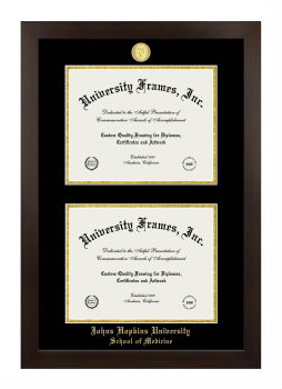 Johns Hopkins University School of Medicine Double Diploma Frame in Manhattan Espresso with Black & Gold Mats for document: 8 1/2"h x 11"w  , document: 8 1/2"h x 11"w  