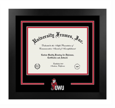Ohio Wesleyan University Logo Mat Frame in Manhattan Black with Black & Red Mats for document: 8 1/2"h x 11"w  