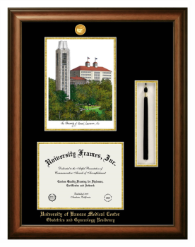 University of Kansas Medical Center Obstetrics and Gynecology Residency Double Opening with Campus Image & Tassel Box (Stacked) Frame in Satin Walnut with Black & Gold Mats for document: 8 1/2"h x 11"w  