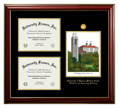 University of Kansas Medical Center Obstetrics and Gynecology Residency Triple Opening with Campus Image Frame in Classic Mahogany with Gold Trim with Black & Gold Mats for document: 8 1/2"h x 11"w  , document: 8 1/2"h x 11"w  